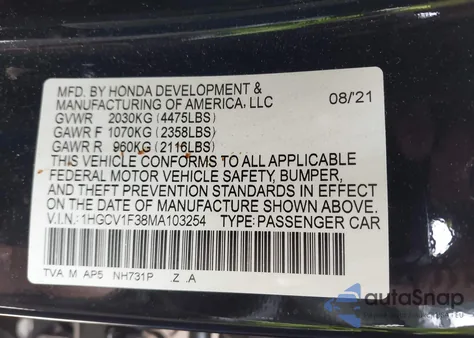 2021 Honda Accord Sport from USA, damaged, VIN 1HGCV1F38MA103254